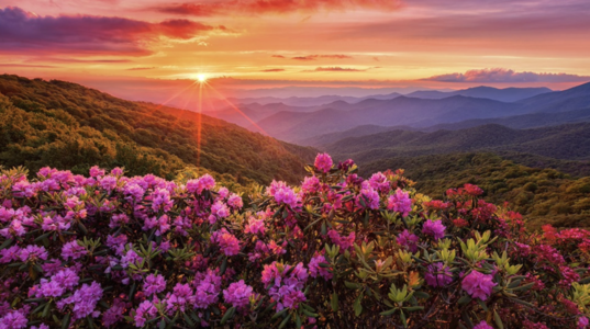 The sun peeks over a distant range of mountains while flowers bloom in the foreground