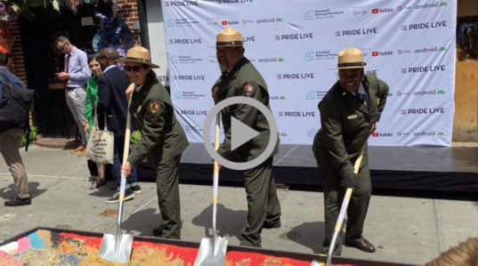 National Park Service Director Chuck Sams and Park Rangers with shovers at ceremonial groundbreaking at Stonewall National Monument
