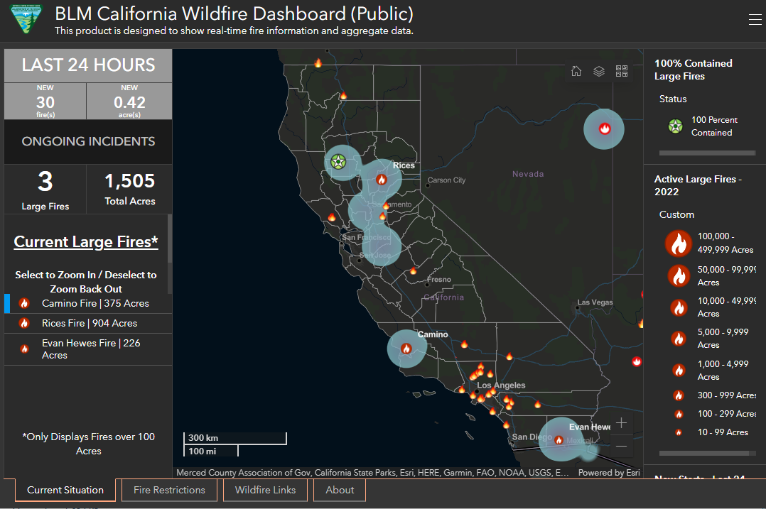 A map of California with grey areas depicting smoke and fire icons where wildfires are at.