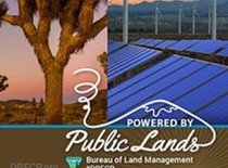 Powered by public lands, graphics with photos of plants and a desert tortoise.