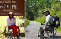 Two people in wheelchairs outdoors.
