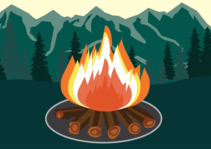 An illustration of a campfire against a mountain.