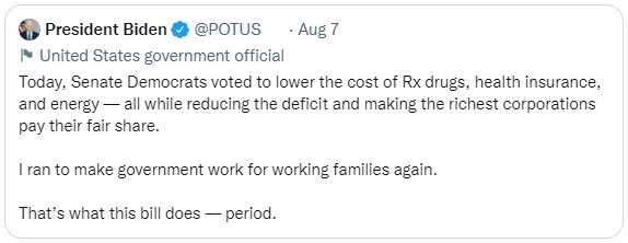 Tweet from President Biden about bill reducing drug and health insurance costs