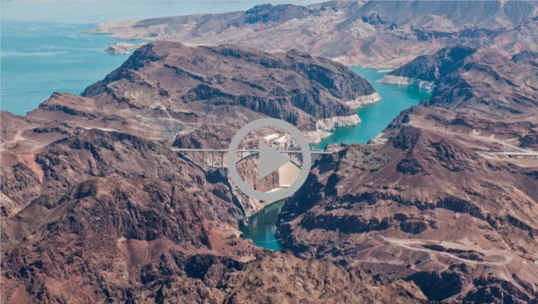 Aerial view of Colorado River showing signs of lower water levels in lakes