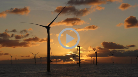 A group of ocean wind turbines against a sunset sky