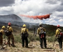 Wildland firefighters stand in a line looking towards hills and a plane dropping retardant on a fire. 
