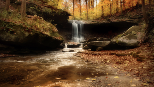 A waterfall plummets over rock cliffs at Cuyahoga Valley National Park in Ohio through a forest that is colored in fall leaves of orange and yellow.