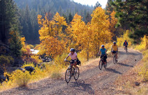 People on bicycles on a trail in the fall.