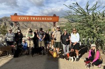 Several people stand in front of the "Cove Trailhead" sign, mountains in the background. Each person has their dog on a leash. 