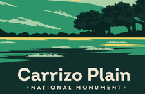 Graphic image of Carrizo Plain in greens and yellow showing the flats, and hills with a few trees. 