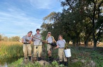 Three women and one man stand together wearing AmeriCorps uniforms and holding buckets and shovels in an oak wetland.