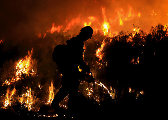 A silhouetted firefighter uses a drip torch at night. Flames rise from vegetation that looks black in the night. Photo by Austin Catlin, BLM.