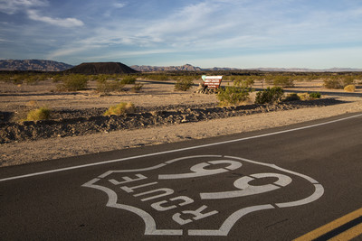 Route 66 sign mark on the road in the desert