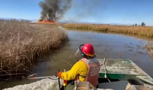 Firefighter on a boat over a marsh putting out wetland fires