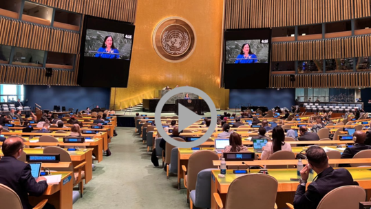 Secretary Haaland addresses UN Water Conference attendees from the podium at the United Nations.