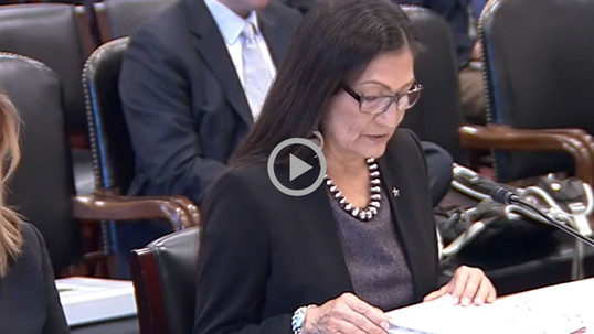 Secretary Haaland reads from a paper while testifying about the proposed Interior budget