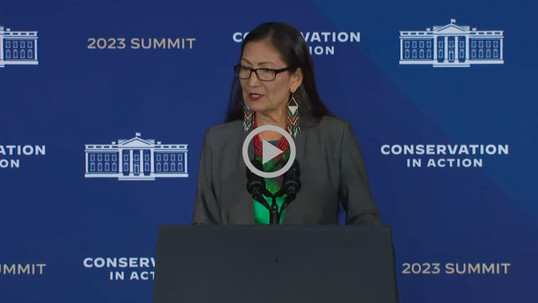 Secretary Haaland speaks at a podium in front of a blue background with the words "2023 Summit" and "Conservation in Action" on it