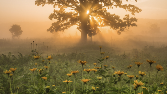 As the sun rises, it burns through the fog and bursts through a tree, casting light upon tall yellow wildflowers.