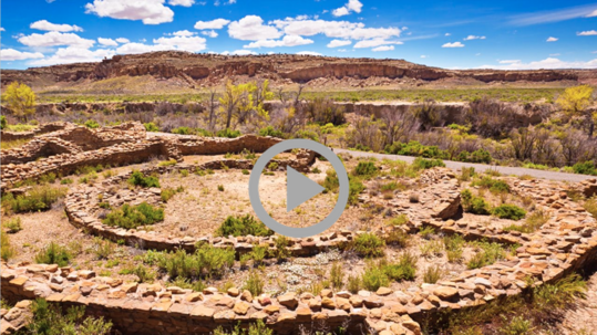The ruins of an ancestral Pueblo village overgrown by desert plants. 