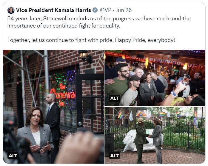 Three photos of Vice President Harris recognizing the anniversary of the Stonewall Uprising in New York City.
