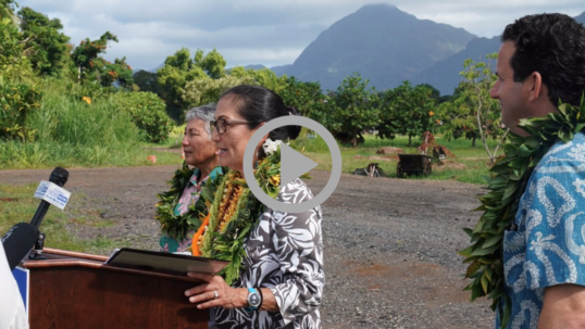 Secretary Haaland speaks outdoors from behind a podium as Senator Brian Schatz looks on, with a tropical forest and a mountain in the background.