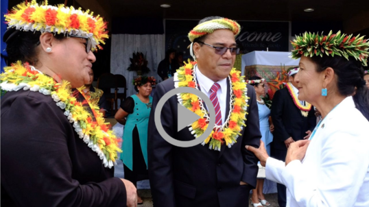 Secretary Haaland is greeted by a Micronesian delegation during her tour of Pacific islands. 
