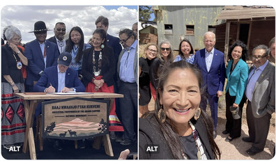 Secretary Haaland selfie photo with President Biden, government officials and Tribal youth