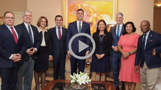 Secretary Haaland poses with Paraguayan President Santiago Peña, along with U.S. and Paraguayan dignitaries.