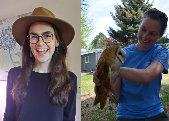 A woman smiling and wearing a hat and a woman holding a brown owl