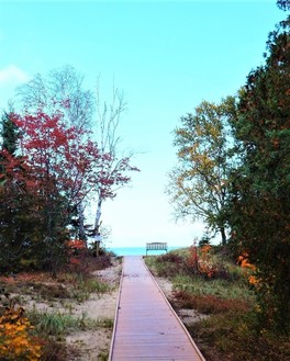 boardwalk and gazebo with lake superior in the background