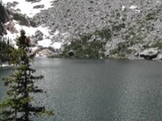 View of mountain lake with tree in the foreground and snowy hillside in the background