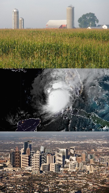 Three images stacked - farm, hurricane and city