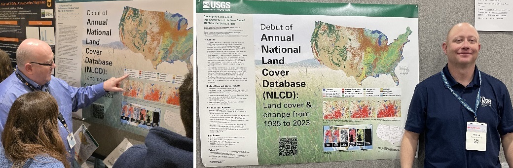 Two photos side by side of people next to posters