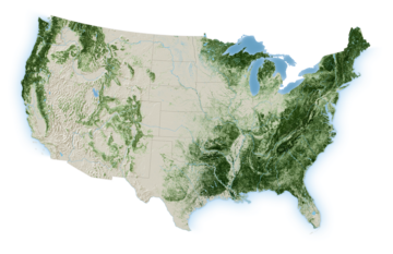 Map of United States with green areas representing forests