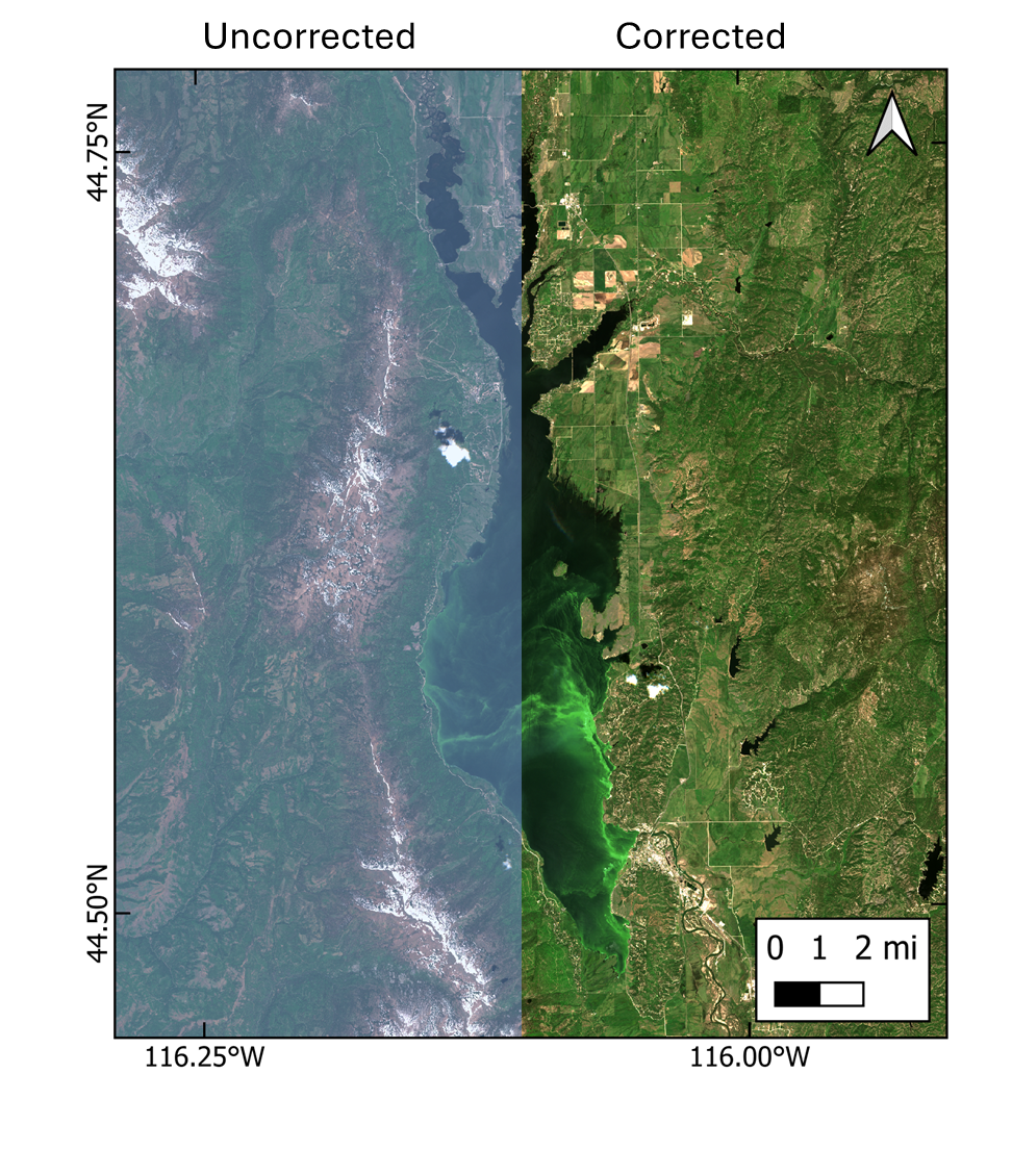 Satellite image of a lake. Left side of the image has had no atmospheric correction. Right side has had a water-specific atmospheric correction.