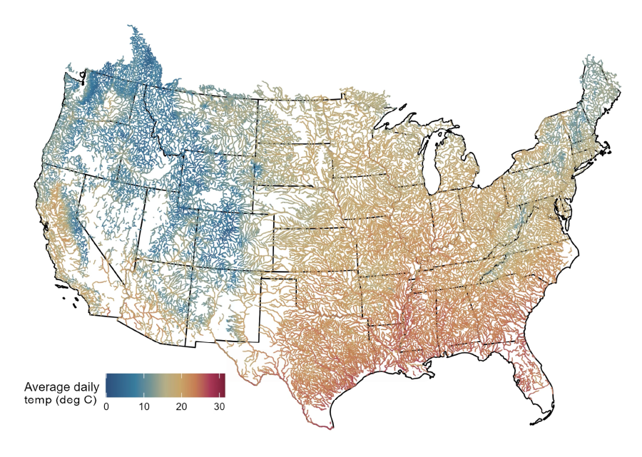 Map of modeled stream temperature data from across the lower 48 United States on May 25, 2020. Sources/Usage: Public Domain.