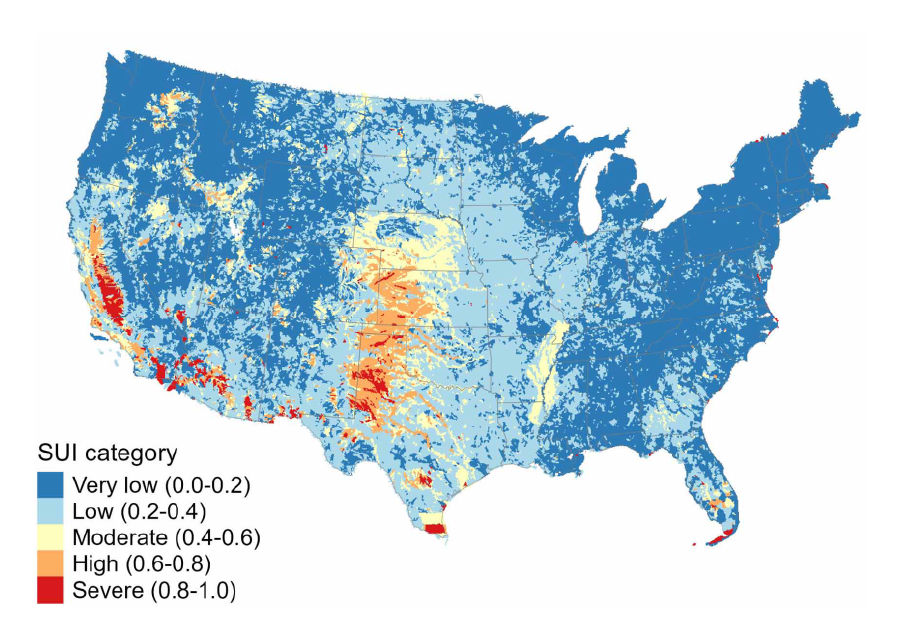Map of the lower 48 United States with watershed colored by supply and use index (SUI), ranging from blue (very low) to red (severe).