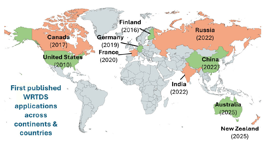 Map with continents and countries that have published WRTDS applications shown in pale orange and green. Date of first application is in parentheses.