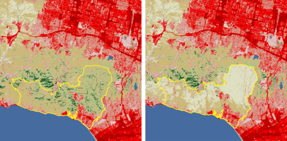 Side by side land cover maps of a fire area before and after the fire