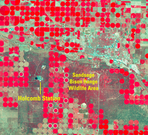 Red center-pivot irrigation circles are shown surrounding Holcomb Station, a steam turbine power plant station near Garden City, Kansas.