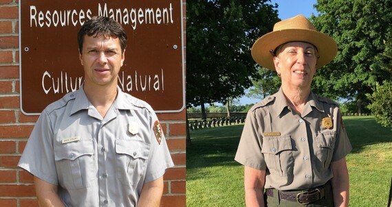 Head and shoulders photos of Brent Steury on left and Jane Custer on right. Both are wearing park service uniforms