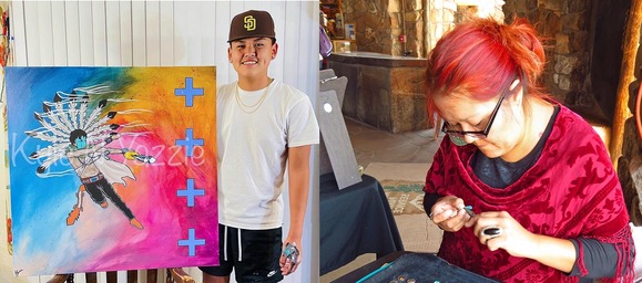 a teenage boy standing next to canvas painting of a Native American Warrior and a woman with dyed red hair working with beads