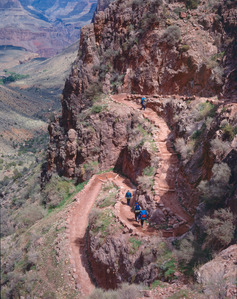 people hiking down a trail into a desert canyon