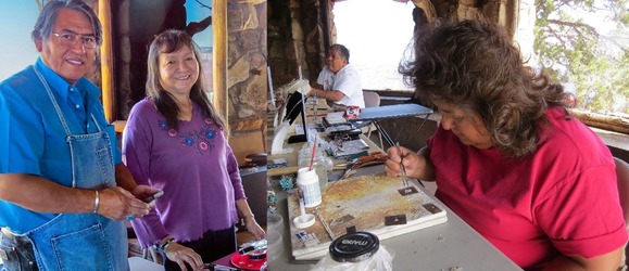 four people crafting jewelry in a stone building
