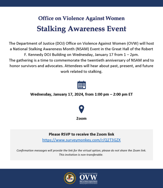 OVW National Stalking Awareness Month invitation - graphic includes information contained within govdelivery bulletin.