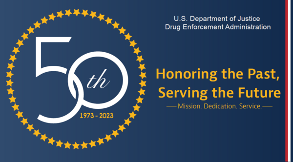 A blue and gold flag commemorating DEA's 50th anniversary. 