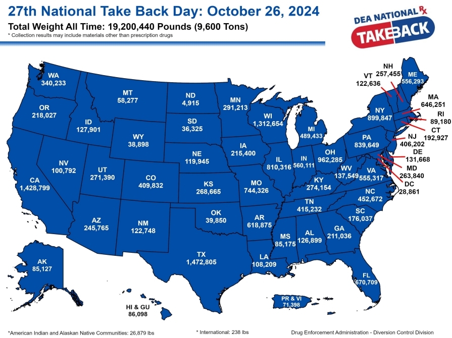 Map of pounds of collected drugs