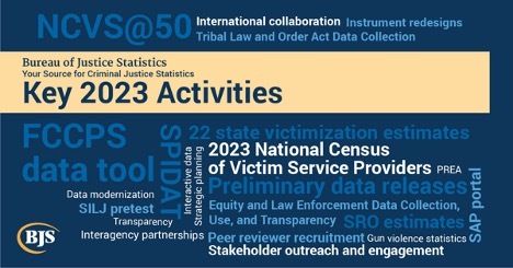 Alt text: Word cloud graphic titled ?Bureau of Justice Statistics, Your Source for Criminal Justice Statistics Key 2023 Activities.?