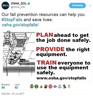@OSHA_DOL  Our fall prevention resources can help you #StopFalls and save lives: https://www.osha.gov/stopfalls/ Plan ahead to get the job done safely. Provide the right equipment. Train everyone to use the equipment safely.