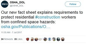 confined spaces tweet @OSHA_DOL Our new fact sheet explains requirements to protect residential #construction workers from confined space hazards: https://www.osha.gov/Publications/OSHA3914.pdf